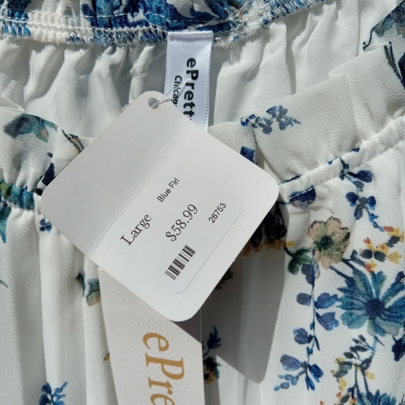 Floral Pleated Chiffon Dress Blue Puff Sleeve Sz Large by ePretty - Picture 9 of 9